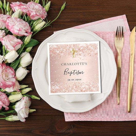 Serviette En Papier Baptême blush rose or parties scintillant nom fill