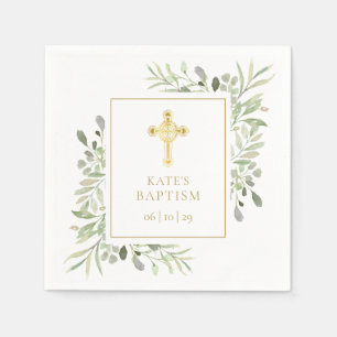 Serviette En Papier Baptême Christening Croix Dorée Feuillage