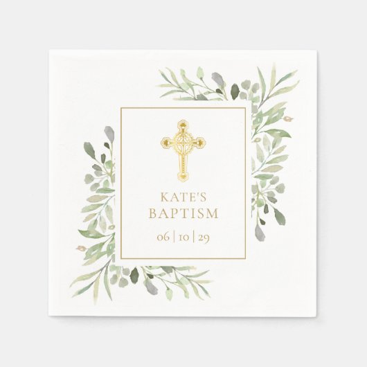 Serviette En Papier Baptême Christening Gold Cross Green (Devant)