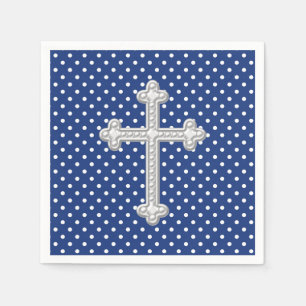 Serviette En Papier Baptême Croix Bleu Marine