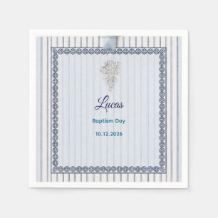 Serviette En Papier Baptême Croix d'Argent avec papier à dentelle rayé