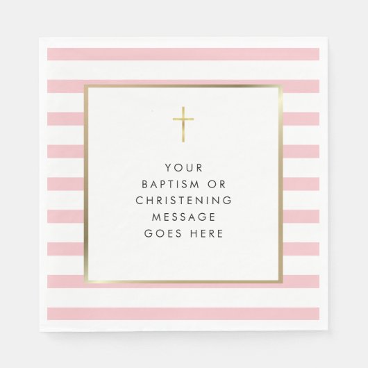 Serviette En Papier Baptême Croix Dorée Rayure Rose Message (Devant)