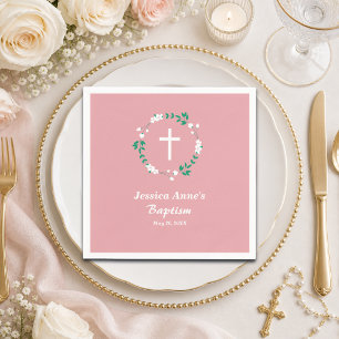 Serviette En Papier Baptême Croix Fleurie Rose Pâle Blanche 