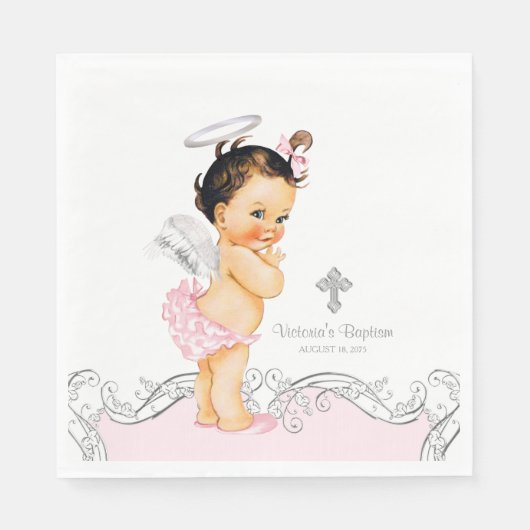Serviette En Papier Baptême de bébé fille ange rose (Devant)