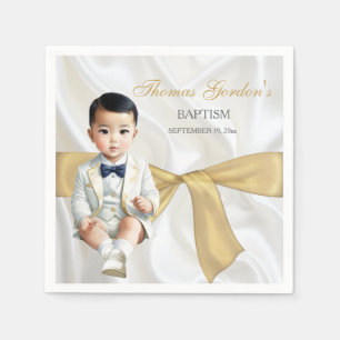 Serviette En Papier Baptême de bébé garçon asiatique blanc et or