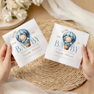 Serviette En Papier Baptême de Bébé Montgolfière Ours en Peluche Bleu