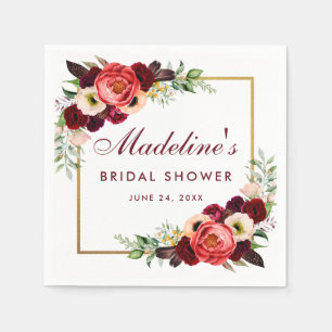 Serviette En Papier Baptême de mariage bohème floral bordeaux aquarell