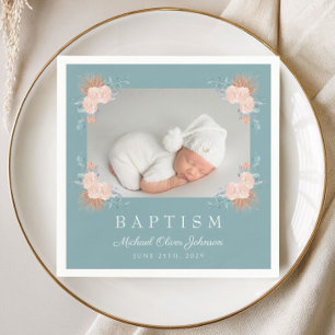 Serviette En Papier Baptême de photo florale verte élégante