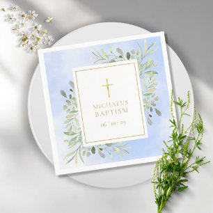 Serviette En Papier Baptême de verdure à l'aquarelle bleue