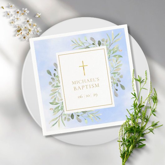Serviette En Papier Baptême de verdure à l'aquarelle bleue
