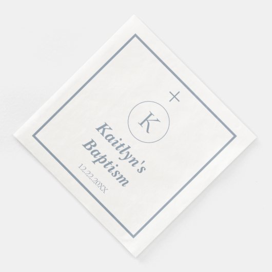 Serviette En Papier Baptême Dusty Bleu Monogramme Blanc Initiales Élég (Coin)