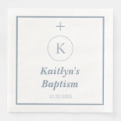 Serviette En Papier Baptême Dusty Bleu Monogramme Blanc Initiales Élég (Devant)