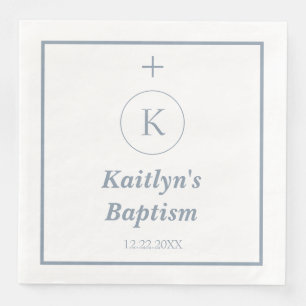 Serviette En Papier Baptême Dusty Bleu Monogramme Blanc Initiales Élég