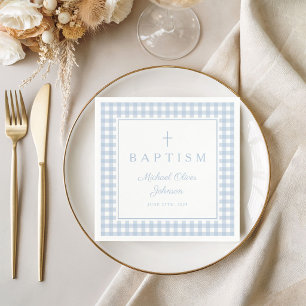 Serviette En Papier Baptême élégant de garçon à carreaux bleu bébé
