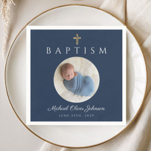 Serviette En Papier Baptême élégant garçon croix photo bleu marine