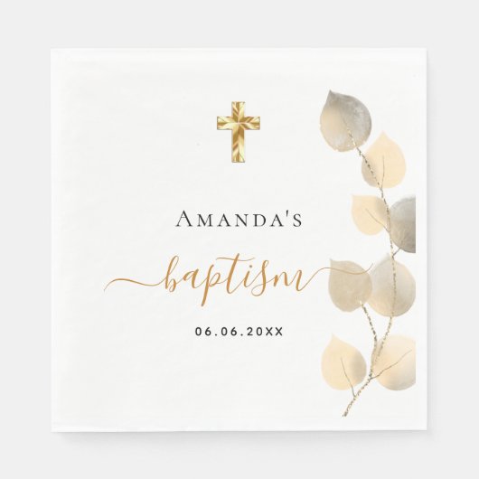 Serviette En Papier Baptême eucalyptus nom doré (Devant)