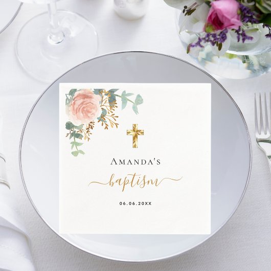 Serviette En Papier Baptême eucalyptus rose floral fille rose or