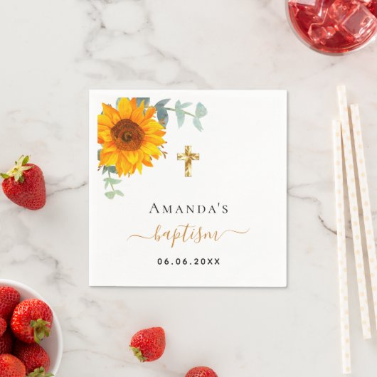 Serviette En Papier Baptême eucalyptus rustique tournesol garçon fille (En situation)