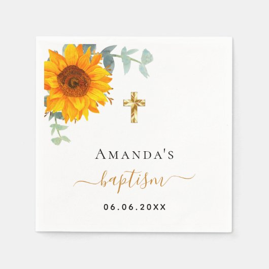 Serviette En Papier Baptême eucalyptus rustique tournesol garçon fille (Devant)