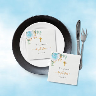 Serviette En Papier Baptême eucalyptus verdure floral bleu garçon