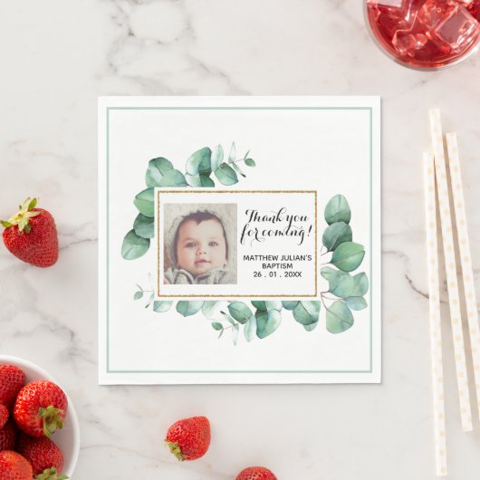 Serviette En Papier Baptême Eucalyptus verdure MERCI Christening (En situation)