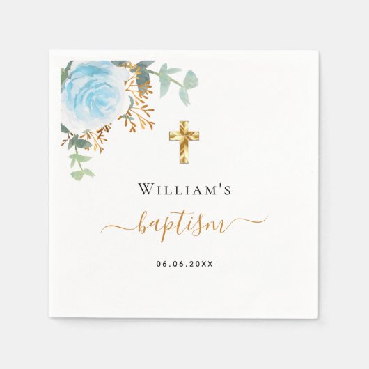 Serviette En Papier Baptême eucalyptus vert bleu garçon fleuri (Devant)