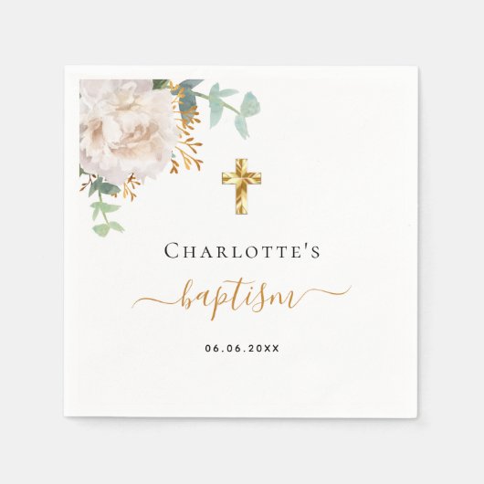 Serviette En Papier Baptême eucalyptus vert croix d'or fleuri (Devant)