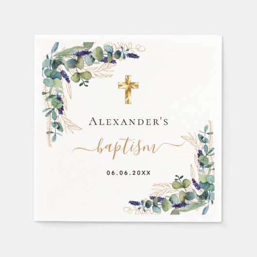 Serviette En Papier Baptême eucalyptus vert monogramme élégant (Devant)