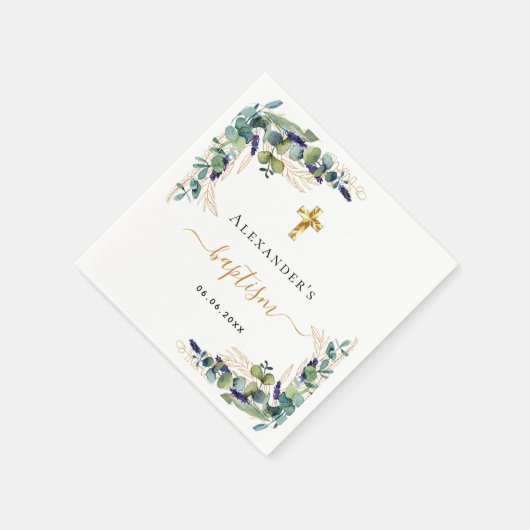 Serviette En Papier Baptême eucalyptus vert monogramme élégant (Coin)