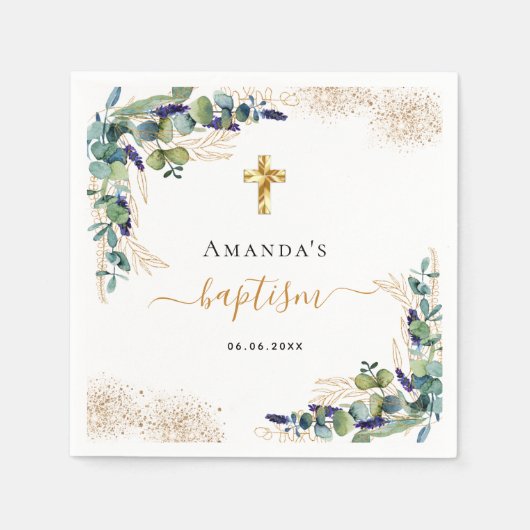 Serviette En Papier Baptême eucalyptus vert nom de la parties scintill (Devant)