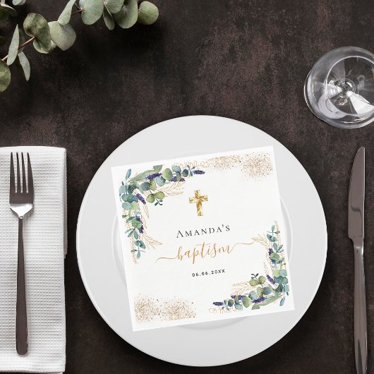 Serviette En Papier Baptême eucalyptus vert nom de la parties scintill