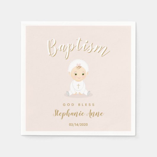 Serviette En Papier Baptême Fille Bébé avec Bonnet (Devant)