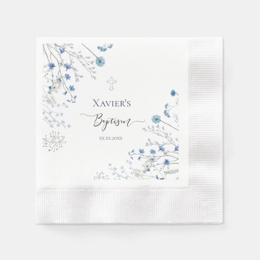 Serviette En Papier Baptême fleur sauvage bleu (Devant)
