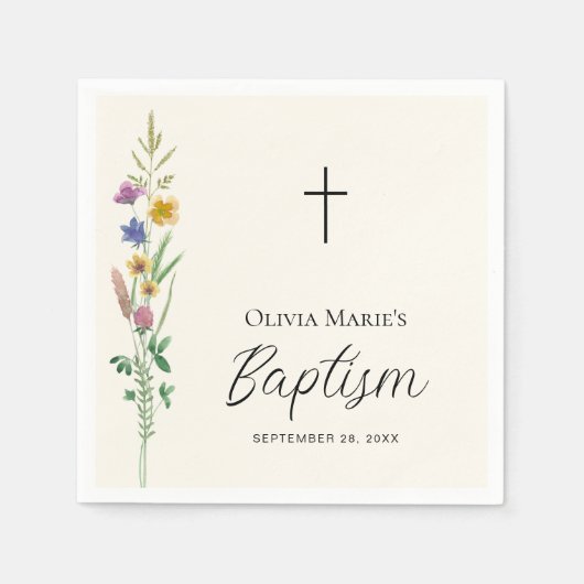 Serviette En Papier Baptême Fleur sauvage rustique (Devant)