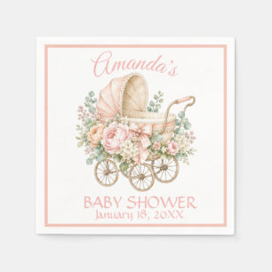 Serviette En Papier Baptême Fleuris Aquarelle Carrosse Vintage