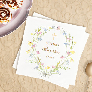 Serviette En Papier Baptême Fleurs Sauvages Pastel