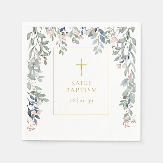 Serviette En Papier Baptême Fleurs Verdure (Devant)