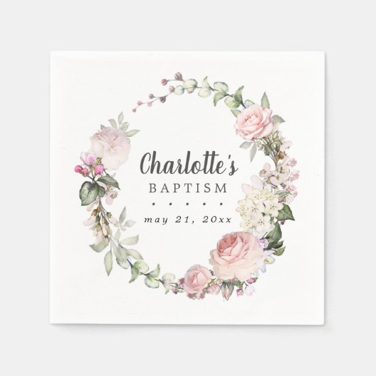 Serviette En Papier Baptême floral rose et blanc rustique (Devant)