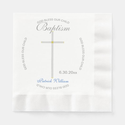 Serviette En Papier Baptême Garçon croisé en argent bleu (Devant)