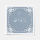 Serviette En Papier Baptême garçon Dusty Bleu élégant Faux Croix d'arg (Devant)
