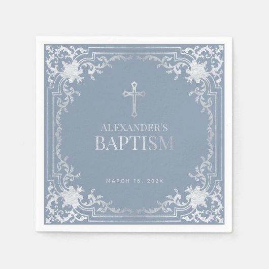 Serviette En Papier Baptême garçon Dusty Bleu élégant Faux Croix d'arg (Devant)