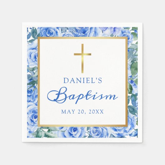 Serviette En Papier Baptême Garçon Rose moderne Dusty Blue Aquarelle (Devant)