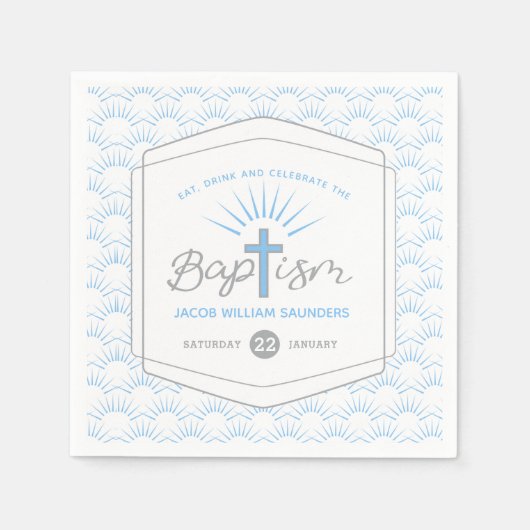 Serviette En Papier Baptême halo et croix bleu gris personnalisé (Devant)