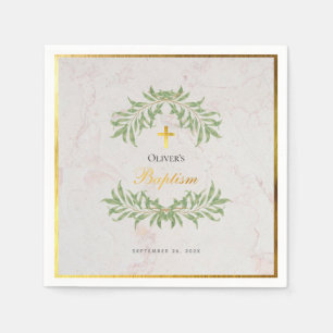 Serviette En Papier Baptême Marbre Foliage Faux Gold Foil Calligraphie