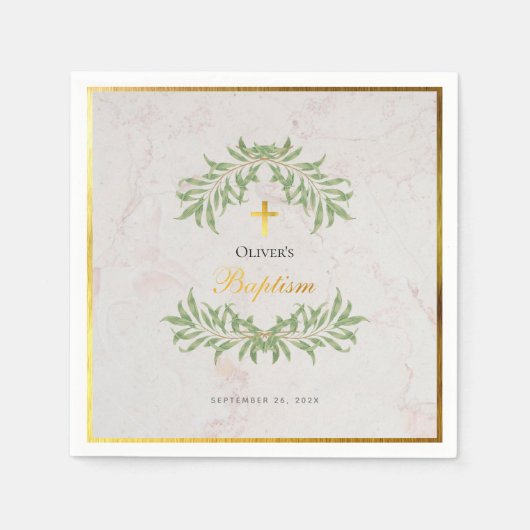 Serviette En Papier Baptême Marbre Foliage Faux Gold Foil Calligraphie (Devant)
