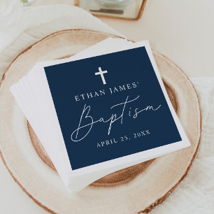 Serviette En Papier Baptême Moderne Minimaliste Écriture Navy Blue