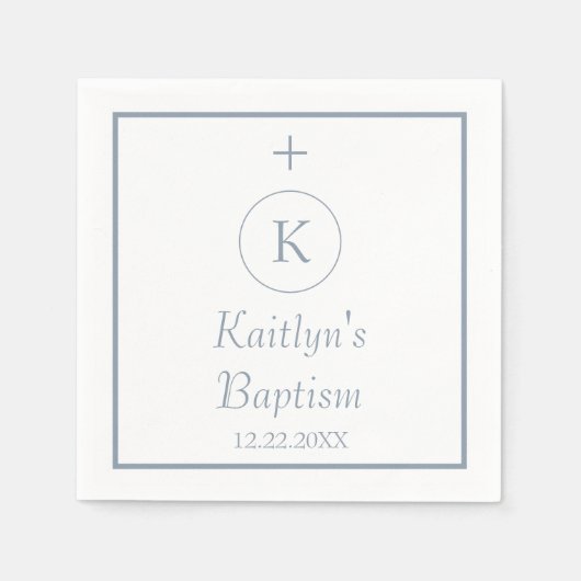 Serviette En Papier Baptême Monogramme Initiales Dusty Bleu Blanc Élég (Devant)