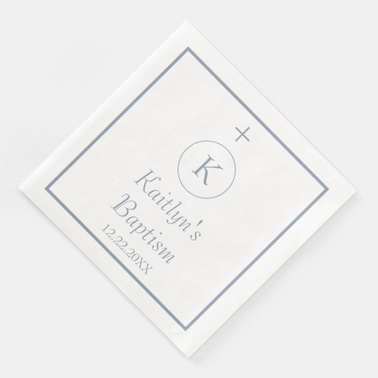 Serviette En Papier Baptême Monogramme Initiales Dusty Bleu Blanc Élég (Coin)