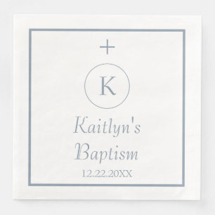 Serviette En Papier Baptême Monogramme Initiales Dusty Bleu Blanc Élég