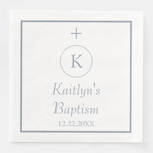 Serviette En Papier Baptême Monogramme Initiales Dusty Bleu Blanc Élég (Devant)